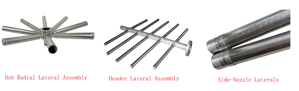 Hub Radial Lateral Assembly, Header Lateral Assembly, wedge wire Side‑Nozzle Laterals, Resin Trap Assemblies